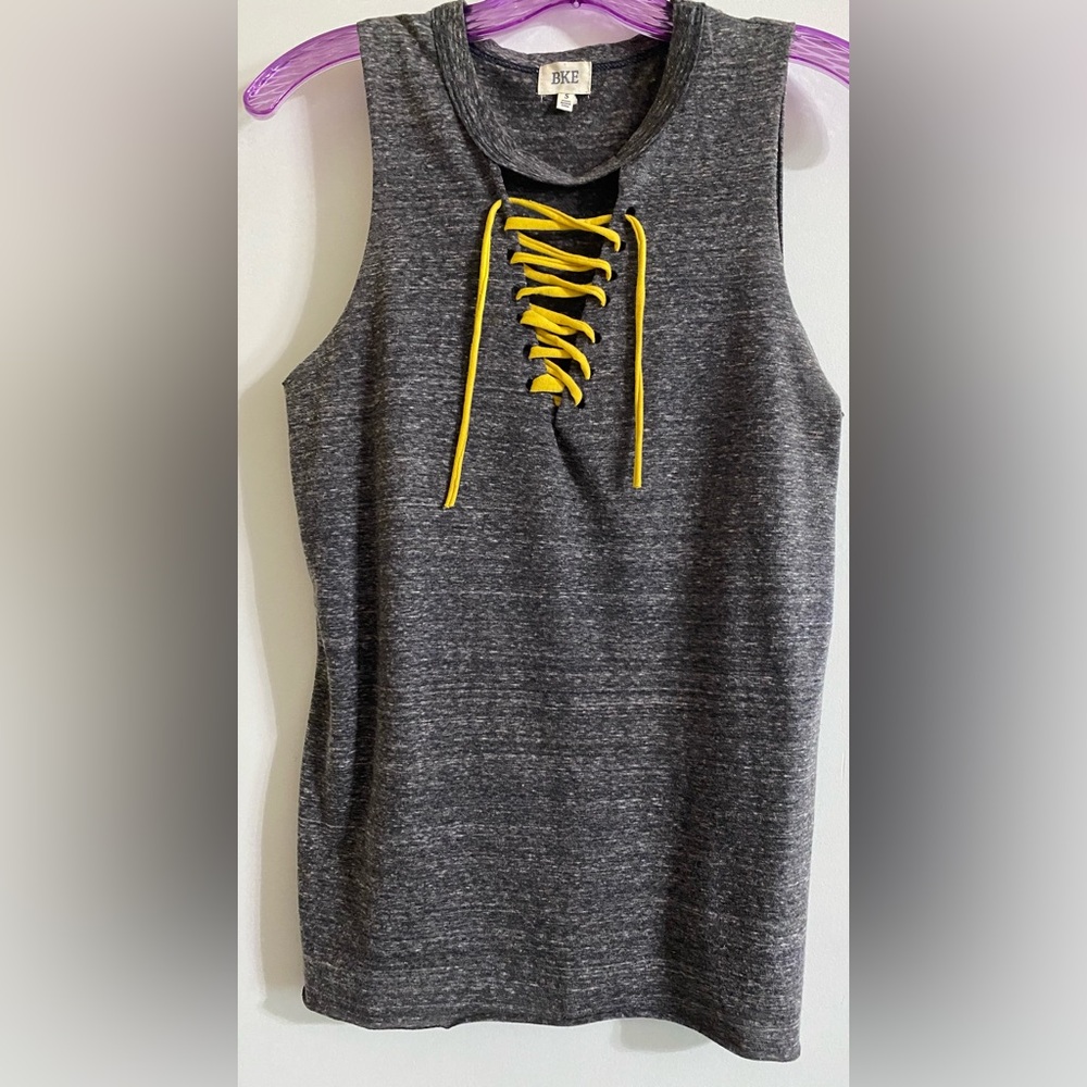 BKE Charcoal Sleeveless Top with Mustard Lace-Up